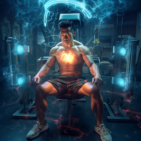 Dramatic 3D rendering of a man surrounded by dynamic energy while exercising on a machine in a dark gym environment.の素材