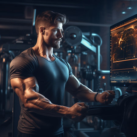 Muscular man in a gym setting attentively tuning the settings on an exercise machine with digital performance charts.の素材