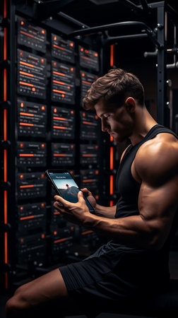 An athlete in a sleeveless shirt sits intently reviewing his training program on a smartphone in the high-tech ambiance of a contemporary gym.の素材