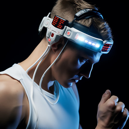 A focused athlete wearing advanced headgear with integrated performance monitoring technology during training.の素材