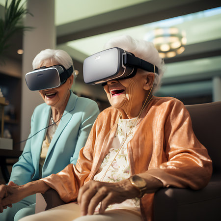 Two senior women share laughter and amazement while exploring virtual reality, showcasing the joy of technology across generations.の素材