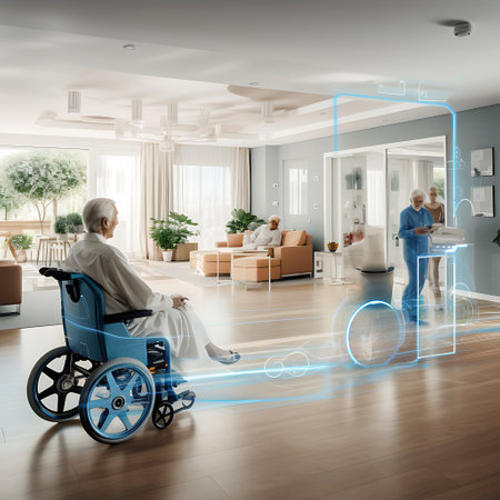 Elderly person in a wheelchair with a smart mobility path in a spacious, sunlit assisted living room.の素材