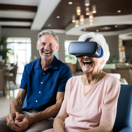 An elderly couple laughs together as the wife tries on a virtual reality headset, enjoying new experiences in their golden years.の素材