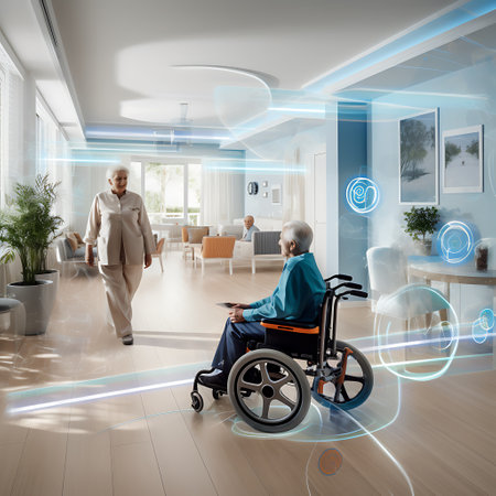 Elderly residents in a high-tech nursing home interact with an advanced floor navigation system, reflecting the integration of smart technology in elder care.の素材