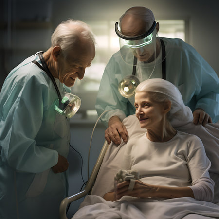 An elderly woman receives attentive medical care from experienced doctors, reflecting a moment of compassion and professional healthcare.の素材
