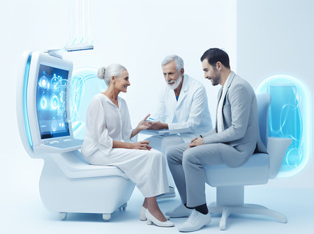 An elderly woman, surrounded by her medical team, appears at ease as they engage in a careful examination, ensuring her well-being with skill and empathy.の素材