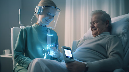An advanced nurse in a high-tech uniform uses a digital device to monitor a senior patient's health.の素材
