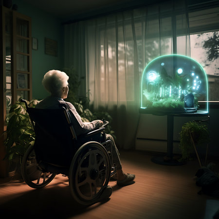 A serene elderly woman experiences the comfort of controlling her living space with advanced smart home technology.の素材