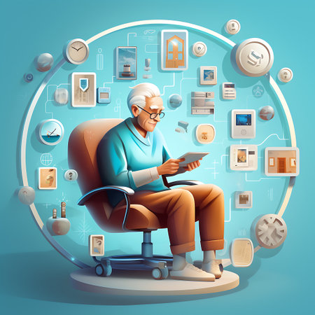 A digital artwork of an elderly man comfortably using a tablet, with various smart home devices orbiting around him.の素材