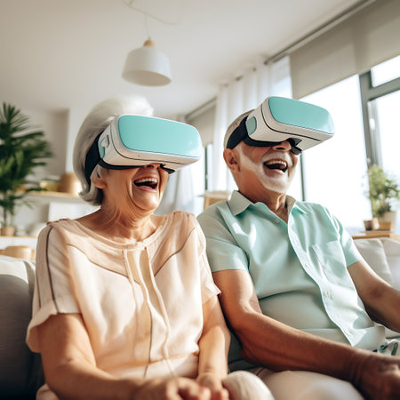 Joyful elderly couple laughing and having fun while using virtual reality headsets in a bright, modern living room.の素材