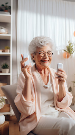 Cheerful elderly woman with glasses holding two remote controls, comfortably sitting in a well-lit living room.の素材