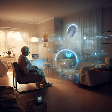 An elderly woman sits in a chair, interacting with futuristic smart home technology that fills her living room with information and controls.の素材