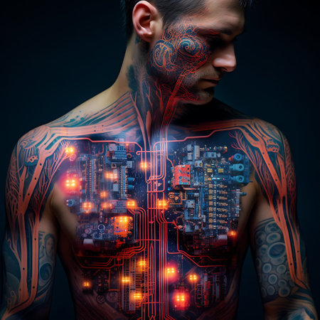 Artistic representation of a man with body art resembling electronic circuitry and glowing nodes on a dark background.の素材