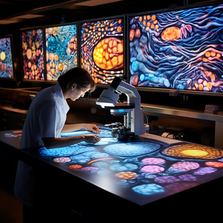 Focused scientist using a microscope for cellular analysis in a laboratory filled with high-definition screens displaying magnified cell images.の素材