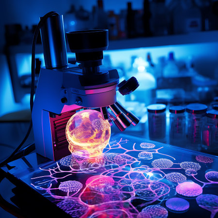 An advanced microscope illuminates a glowing neural network sphere in a high-tech scientific research lab.の素材