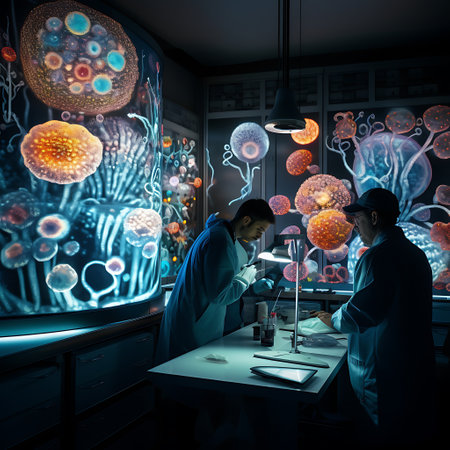 Two scientists closely studying microbial structures, with colorful illustrations of bacteria and viruses on the laboratory screens.の素材