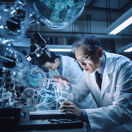 In the pursuit of scientific breakthroughs, these researchers scrutinize the complex dance of cells under a microscope.の素材