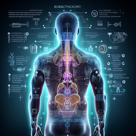 A complex medical interface displays a transparent human figure with intricate data points and annotations, symbolizing high-tech health diagnostics.の素材
