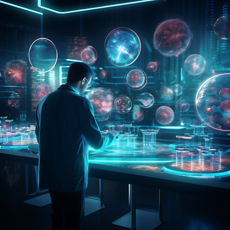 A focused scientist studying intricate molecular models projected from his computer screen in a modern laboratory setting.の素材