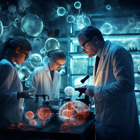 A team of focused researchers examines cellular structures under microscopes amidst glowing illustrations of cells in a dark laboratory.の素材