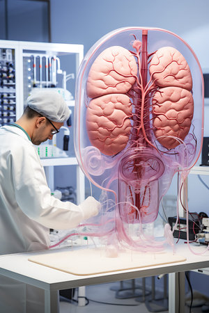A healthcare professional in a lab coat examines a detailed, transparent model of the human lungs and respiratory system.の素材