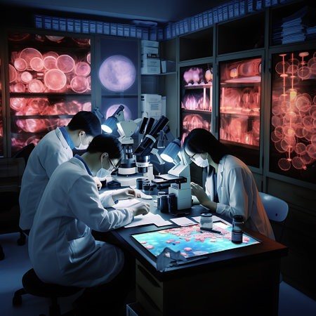 A cutting-edge research space where science meets technology, showcasing researchers studying digital cell formations.の素材