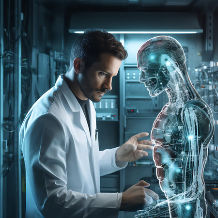The scene depicts a medical professional in a modern lab coat, deeply engaged in studying a holographic image of the human body, which serves as a revolutionary educational tool.の素材