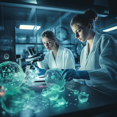 Two young female scientists are deeply focused on analyzing complex data visualizations in a futuristic laboratory setting.の素材