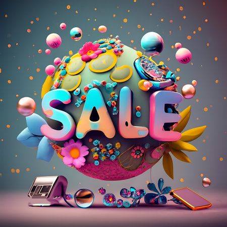 Embrace a bouquet of technology savings in this unique digital sale advertisement, where a sleek smartphone is the vessel for a vibrant explosion of 3D-rendered flowers, complemented by the whimsical charm of floating bubbles.の素材
