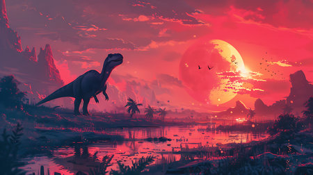 A dinosaur is walking through a lush green field with a red moon in the background. The scene is peaceful and serene, with the dinosaur being the focal point of the imageの素材
