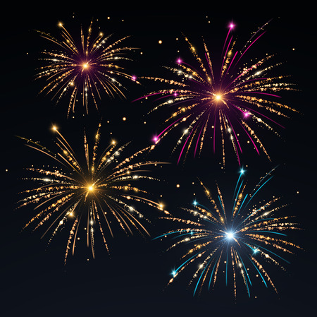 Set of vector fireworks display illustration on a black backgroundのイラスト素材