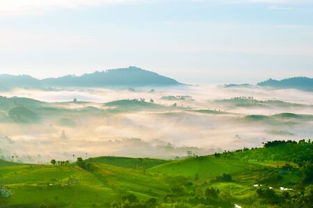 Beautiful mountains landscape and fog blue skyの写真素材