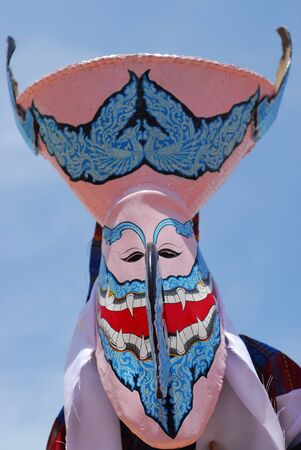 PHI TA KHON Festival Ghost Festival on June in Loei province young people dress in spirit and wear a mask, sing and dance holiday in LOEI, THAILANDのeditorial素材