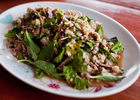 Thai spicy minced pork salad, minced pork mash with spicy, Thai foodの写真素材