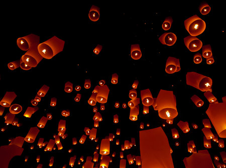 Floating lantern in Yee Peng festival (Loy Krathong), Buddhist floating lanterns to the Buddha in...