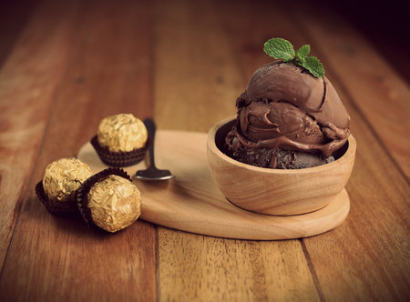 Homemade Chocolate ice cream with Mint in bowl Homemade Organic productの写真素材