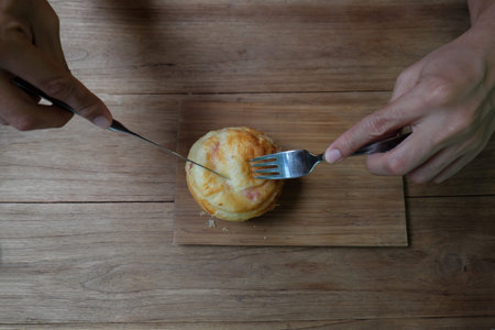 bread and croissants wooden backgroundの写真素材