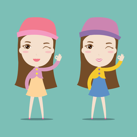 Beautiful lady smile cute. OK signのイラスト素材