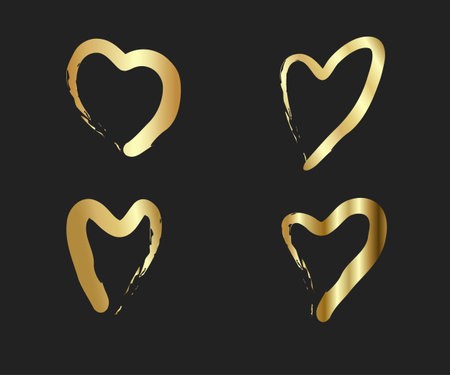 Gold Hearts. Hand drawn hearts brushes. Hand painted heart shape. Symbol of love Valentine's Day wedding cards. Vector illustrationのイラスト素材