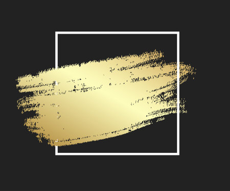Gold brush stroke in the frame. Gold shiny grunge texture. Dirty design element, box, frame or background for text.のイラスト素材