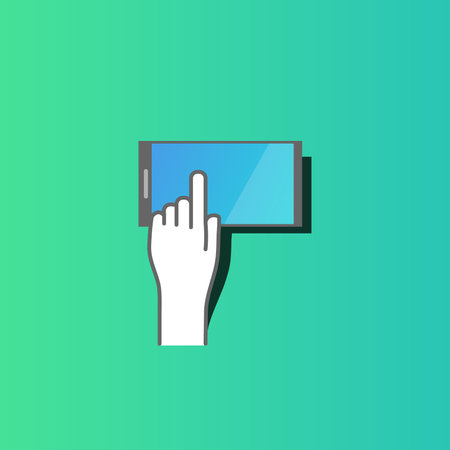 Hand hold the smartphone. Mobile phone touch screen in hand, icon flat designのイラスト素材