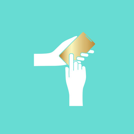 Hand hold the smartphone. Mobile phone touch screen in hand, icon flat designのイラスト素材