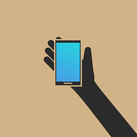 Two hands holding phone. Empty screen mock. Social network communication on mobile app. Application on touch screen mobile. Vector flat cartoon designのイラスト素材