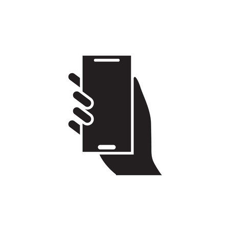 Hand hold the smartphone. Mobile phone touch screen in hand, icon flat designのイラスト素材