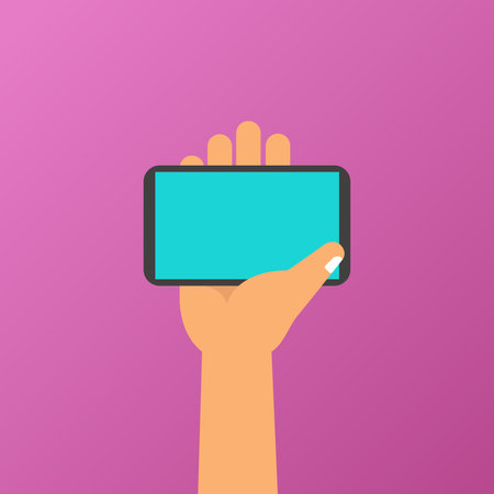 Two hands holding phone. Empty screen mock. Social network communication on mobile app. Application on touch screen mobile. Vector flat cartoon designのイラスト素材