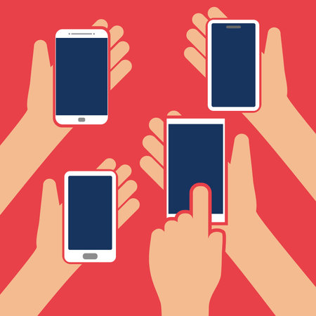 Two hands holding phone. Empty screen mock. Social network communication on mobile app. Application on touch screen mobile. Vector flat cartoon designのイラスト素材