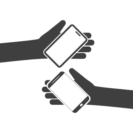 Two hands holding phone. Empty screen mock. Social network communication on mobile app. Application on touch screen mobile. Vector flat cartoon designのイラスト素材