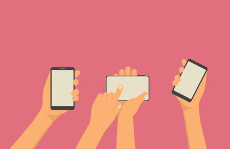 Two hands holding phone. Empty screen mock. Social network communication on mobile app. Application...