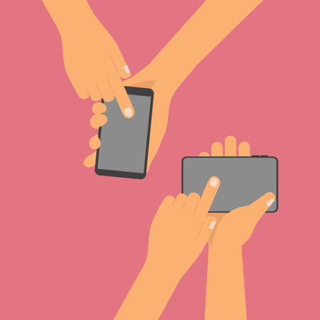 Two hands holding phone. Empty screen mock. Social network communication on mobile app. Application on touch screen mobile. Vector flat cartoon designのイラスト素材