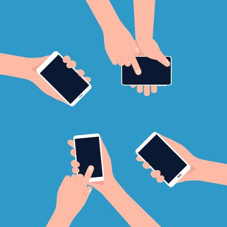 Two hands holding phone. Empty screen mock. Social network communication on mobile app. Application on touch screen mobile. Vector flat cartoon designのイラスト素材